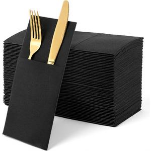 100 Pcs Black Linen-Feel Paper Napkins, Black Napkins Disposable with Built-in Flatware Pocket, Prefolded for Knives and Forks, Blacks Dinner Napkin for Evening Parties, Weddings, Birthday