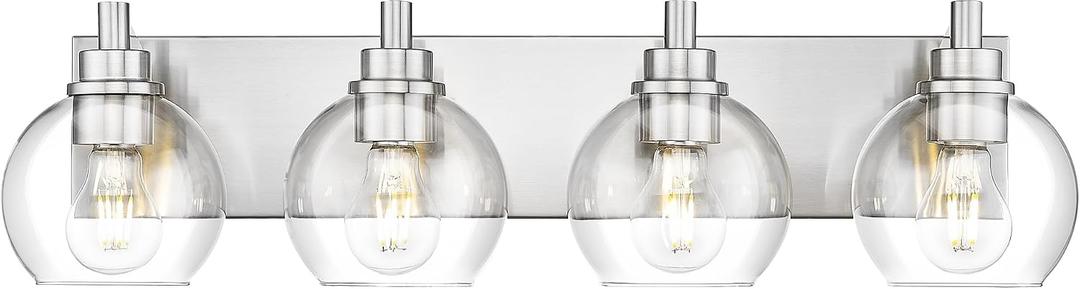 Bathroom Light Fixtures, 4 Light Brushed Nickel Vanity Light, 26 Inch Modern Wall Sconces with Globe Clear Glass Shade, Vanity Lighting Fixtures Over Mirror, VL195-BN-CL-4