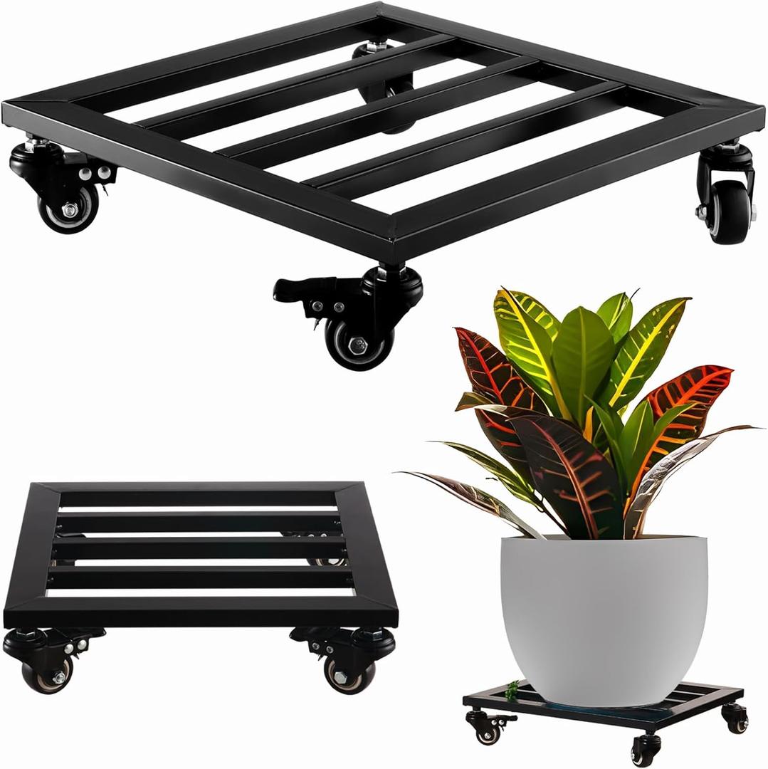 Large Metal Square Plant Caddy with Wheels 13.6 Iron Wrought Rolling Plant Stand with Casters Heavy-duty Plant Dolly for Indoor and Outdoor Plant Pot Roller Base Square Plant Movers, Glossy Black
