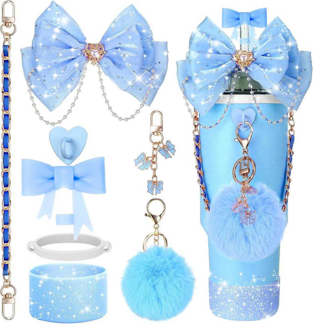 Mity rain Bling Cup Accessories for Stanley Cup 30oz 40oz 20oz Tumbler with Handle, including Bow Straw Topper Cover, Straw Bow Decorate, Leather Water Bottle Handle Strap, Boot (Blue)