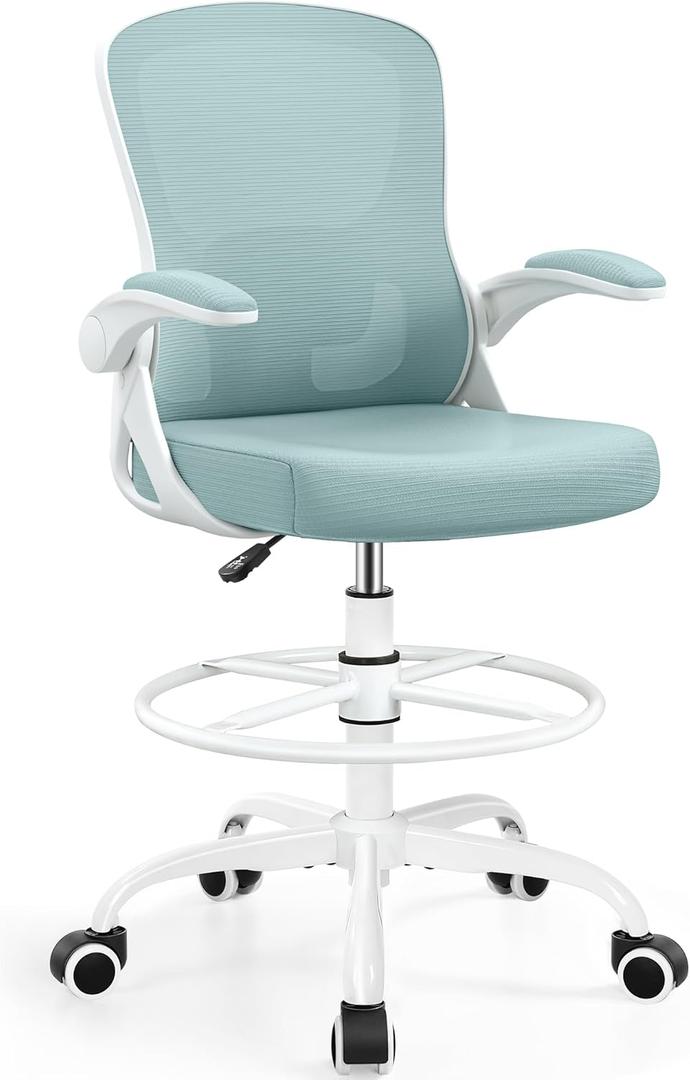 Drafting Chair Tall Office Chair for Standing Desk - Ergonomic Computer Work Stool with Lumbar Support, Flip-up Arms & Foot Ring. for Studio Artist Engineer Gaming Bar Study (Light Blue)