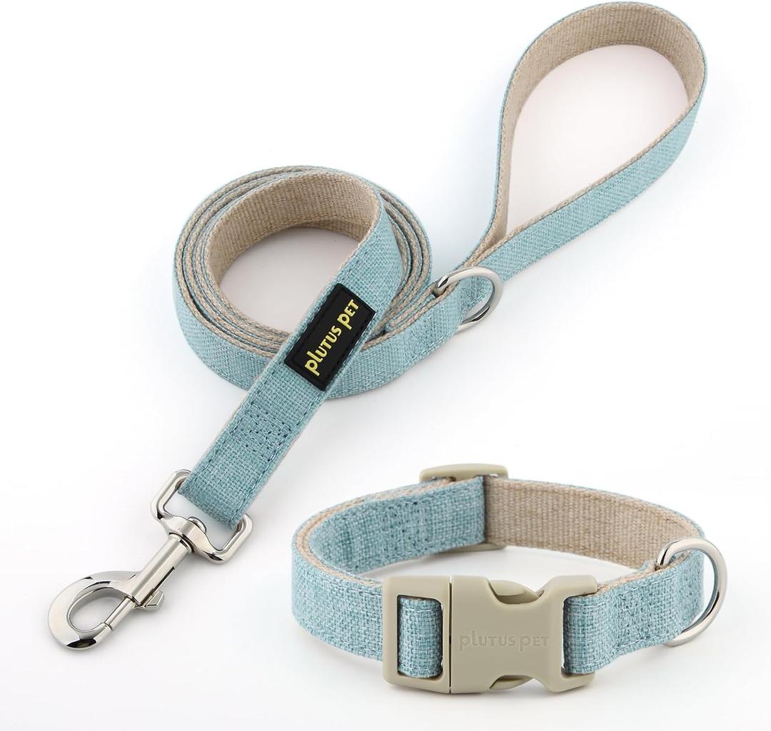 Plutus Pet Cotton Hemp Dog Collar and Leash Set, Adjustable Collar for Small, Medium, and Large Dogs, Heavy Duty and Soft on Skin, Light Blue, XS