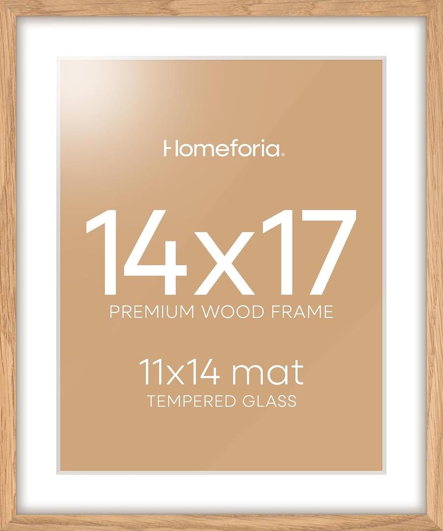 Homeforia 14x17 Natural Oak Wood Picture Frame with 11x14 Mat, Tempered Glass, Wall Hook Included