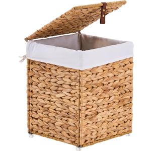 Mini Handwoven Laundry Basket with Lid, Natural Water Hyacinth Storage Basket with Handle, Removable Cotton Liner, Durable and Stylish for Bedroom, Bathroom, Laundry Room, 33L
