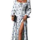 BLENCOT Womens Casual Square Neck Long Sleeve Boho Floral Midi Dress Print Side Split Dresses (Medium,White)