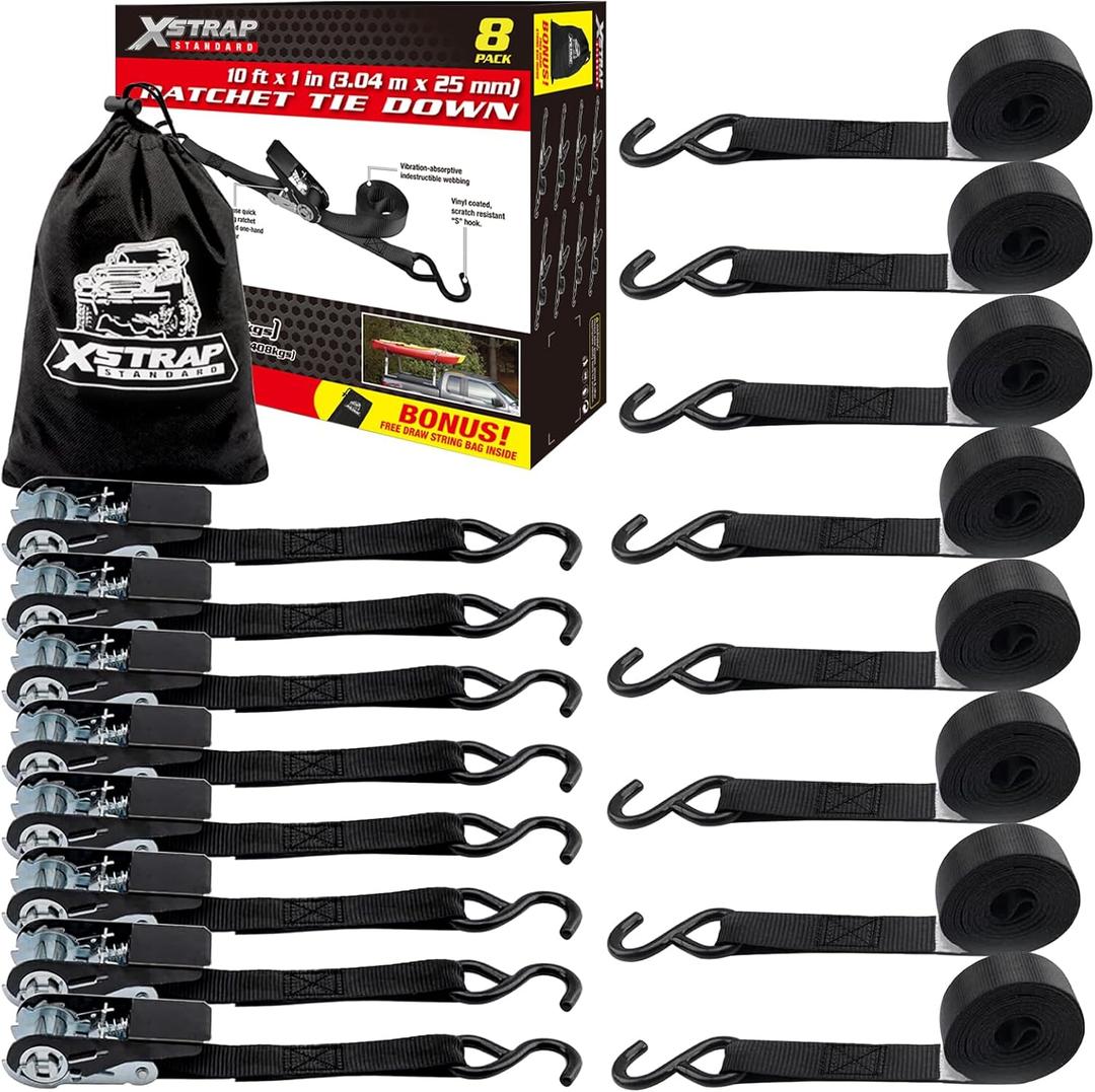 XSTRAP STANDARD Ratchet Straps, 900 LB Break Strength, 8-Pack 10FT Ratchet Tie Down Straps Set for Motorcycle Straps Tie Downs, Appliances, Lawn Equipment, Logistic Cargo Straps for Trucks (Black)