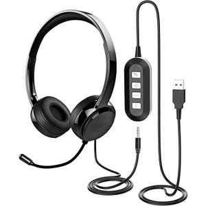 USB Headset with Microphone for PC Laptop, JabNecter 3.5mm Headphones with Microphone Noise Canceling & Volume Control, Computer Headset with Mute&Sidetone for VoIP Skype MS Teams Online Conference (1 Count (Pack of 1))