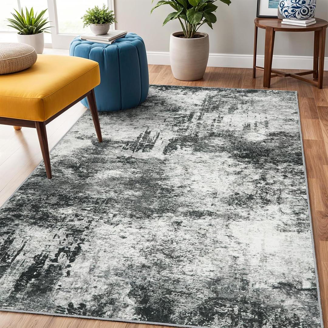 Washable 3x5 Abstract Area Rug - Large Living Room Area Rugs Modern Stain Resistant Indoor mat for Bedroom Dining Room Non Slip Rubber Backing Thin Super Soft Room Decor Floor Carpet 3x5 Black A