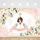 MEHOFOND First Holy Communion Backdrop God Bless Girls Baptism Party Decorations Christening Ceremony Photography Background Pink Floral Mi Bautizo Favors Supplies Photo Shoot Props