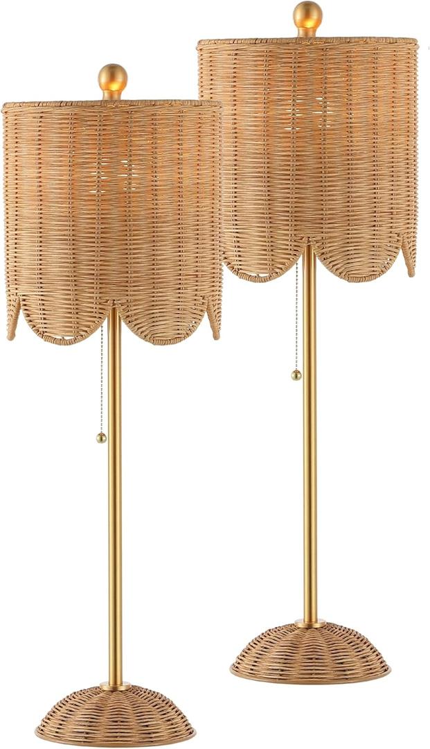 JONATHAN Y 27.5" Brass Gold Coastal Buffet Table Lamp Set of 2 for Bedroom, Boho Table Lamps with Natural Rattan Scalloped Shade, Pull Chain, LED Bulbs Included JYL1138A-SET2