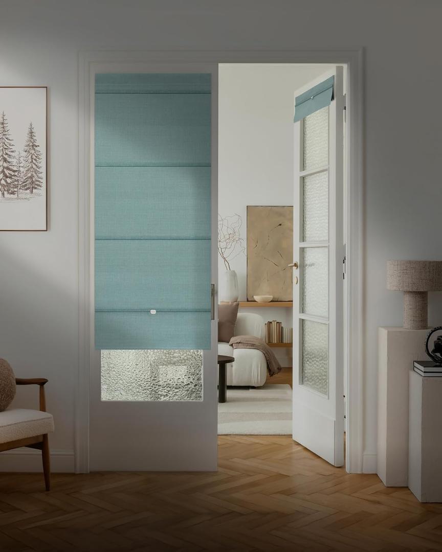 GoDear Design 99.99% Blackout Magnetic Roman Shades, No Drill Cordless Teal Natural Door Shades, Blue Green Woven Fabric Window Shades, Insulated Door Curtains & Blinds, 27" W x 65" L, Turquoise