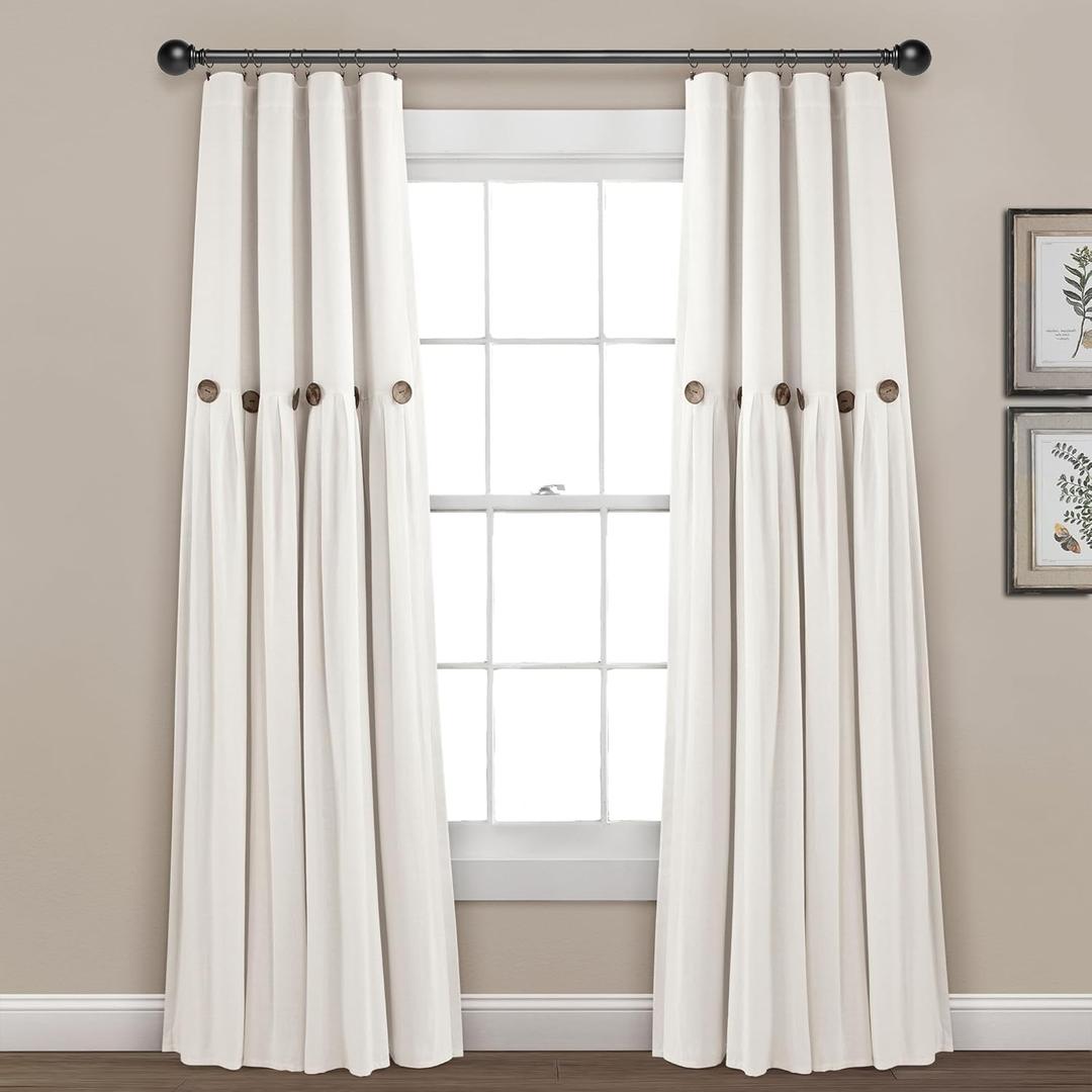 Lush Decor Linen Button Window Curtain Panel, Single, 40" W x 84" L, Off-white - Country Curtains - Rustic Decor - Color Block Modern Farmhouse Curtains For Living Room, Bedroom & Dining Room