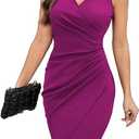 IHOT 2025 Women's Sexy V Neck Sleeveless Faux Wrap Ruched Sheath Bodycon Cocktail Party Work Dress M