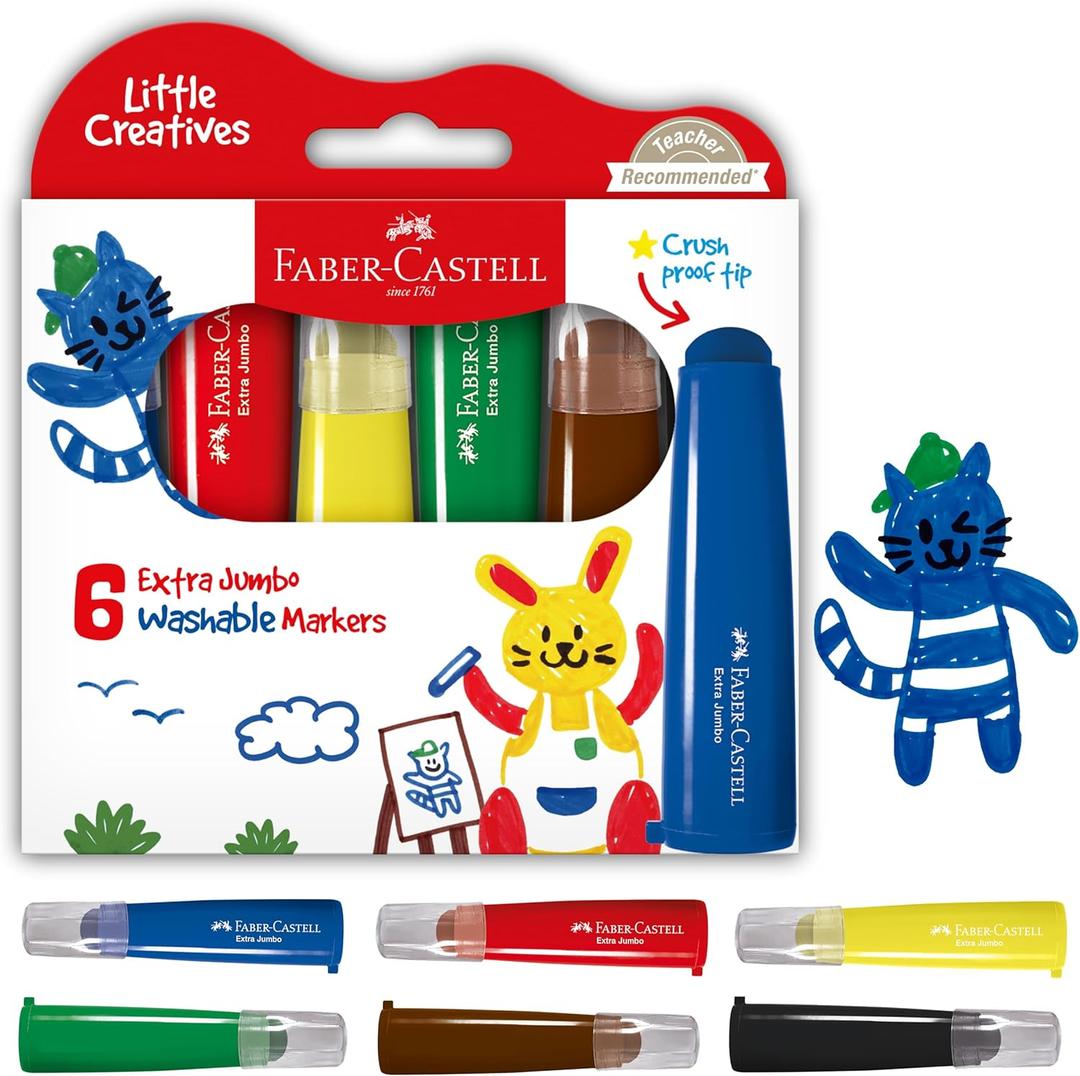 Faber-Castell Little Creatives Extra Jumbo Ultra Washable Markers for Kids - 6 Colors, Spring Craft Supplies, Art Supplies for Kids Toddlers, Preschool (Ages 3+)