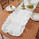 HunnmingRe White Ruffled Table Runner 72 inch Scalloped Table Runner Cotton Flounces Washable Shabby Farmhouse Rustic Home Kitchen Decoration for Wedding Rectangle Bride Shower Christmas Party