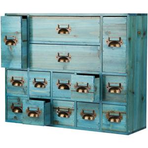 Apothecary Drawers Card Catalog Cabinet with 14 Drawers Wooden Card Catalog Wooden Storage Box for Desktop Organizer (Blue)