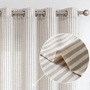 Vangao Linen Blend Stripe Curtains Tickingstripe Light Filtering Window Curtains Grey Pinstripe Printed on Beige Drapes 84 Inches Long for Living Room Bedroom Grommet Top 2 Panels