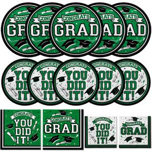 Gatherfun Graduation Party Supplies Dinnerware Set green Disposable dinner paper plates dessert paper plates and Napkins for Congrats Grad Party Decorations, Serve 50