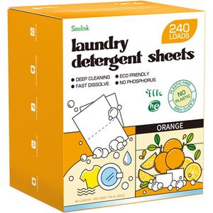 Soulink Laundry Detergent Sheets, 240 Loads - Eco-Friendly, Plant-Based, Hypoallergenic, No Plastic Jug (Orange Scent) (240 Count (Pack of 1))