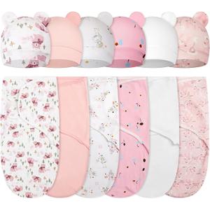 Ramede 6 Pack Baby Swaddle Blanket with Hats Sleep Swaddle for 0-3 Months Newborn Sacks Soft Cotton Wearable for Boy Girl (Pink)