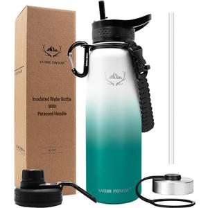 NATURE PIONEOR Insulated Water Bottles with Paracord Handle - 40 oz Vacuum Sports Wide Mouth Water Bottle with 3 Lids, Leak Proof Stainless Steel Keeps Hot and Cold (White Green)