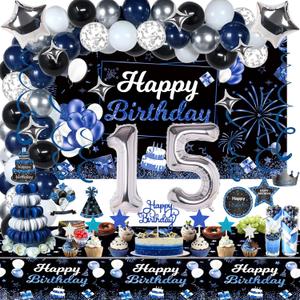 15th Birthday Decorations Set for Boy, Navy Blue Silver Black Happy 15 Party Decorations with Birthday Backdrop Banner, Tablecloth, 15 Number Balloons for Him, Black, Blue
