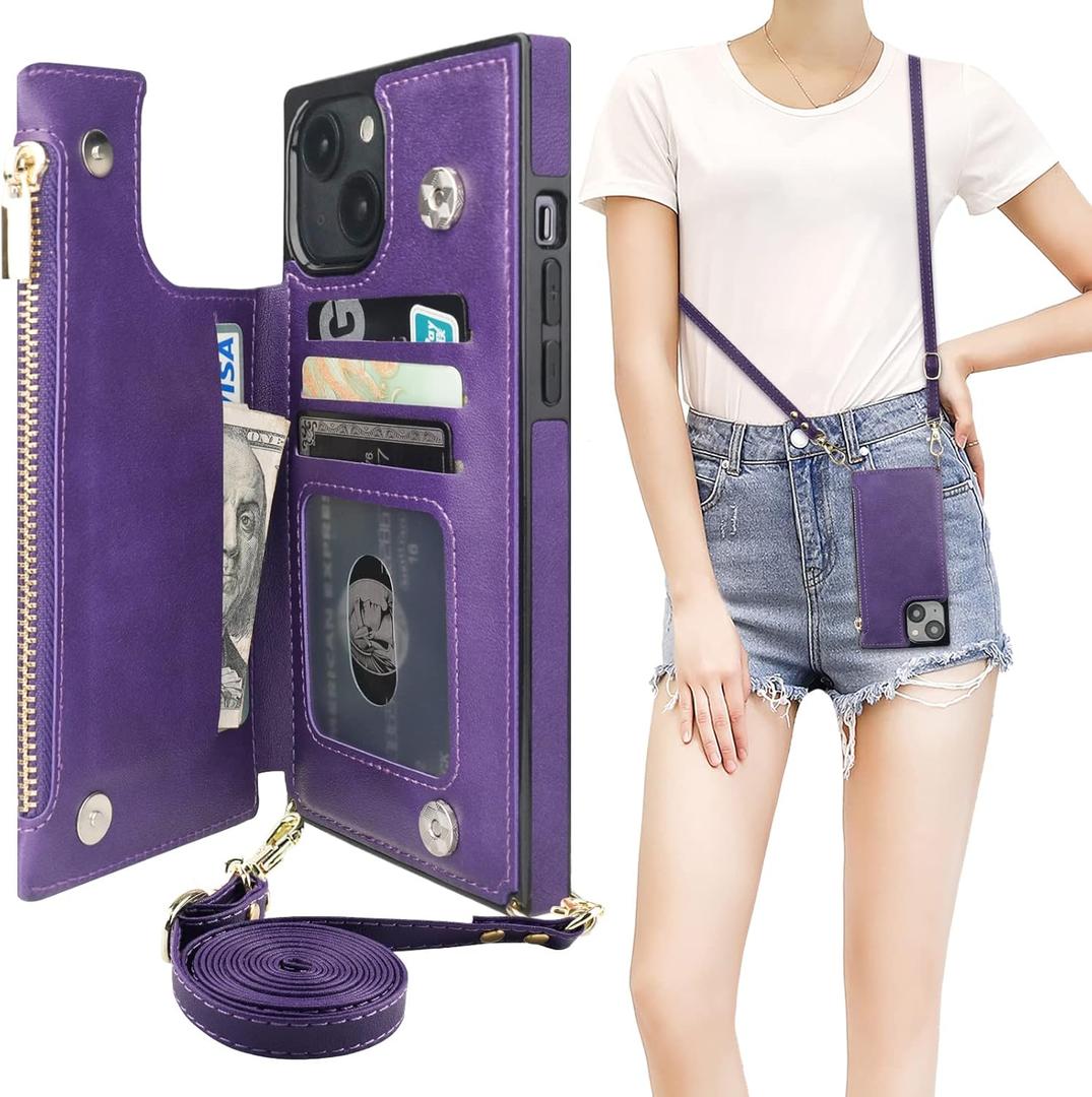 Bocasal Crossbody Wallet Case for iPhone 14 Plus with RFID Blocking Card Slot Holder, Magnetic Flip Folio Purse Case, PU Leather Zipper Handbag with Detachable Lanyard Strap 6.7 Inch 5G (Purple)