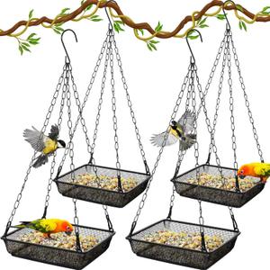 4 Pieces Hanging Bird Feeder Tray Platform Metal Mesh Feeder Seed Platform for Bird Feeding Outside Outdoors Wild House Hanging for Attracting Birds, Black(Square)