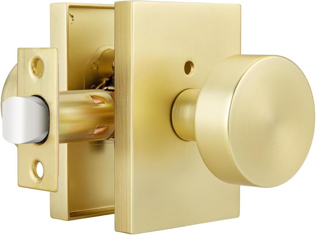 Goldenwarm Gold Door Knob Interior, Heavy Duty Brushed Gold Interior Door Knobs for Bedroom Bathroom, Round Privacy Door Knob, Zinc-Alloy Rectangle Rosette Indoor Doorknob (1 Pack)