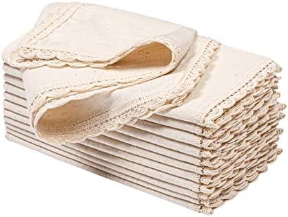 Cloth Napkins 12 Pack   Flax Cotton Washable and Reusable Table Dinner Napkins with Lace for Hotel,Weddings,Spring Easter Basket Decor| Highly Absorbent Cloth Napkins|Natural 12x12 in