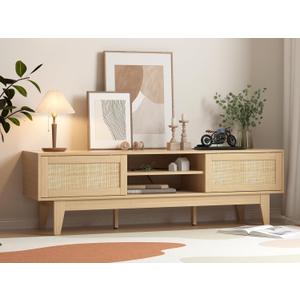 Boho TV Stand for 55 65 Inch TV, Rattan Entertainment Center with Shelves, Cabinets and Sliding Doors, TV Media Console Table with Solid Wood Feet & Cord Holes for Living Room, Bedroom, Natural (TVs up to 32"-65", Natural With Rattan)
