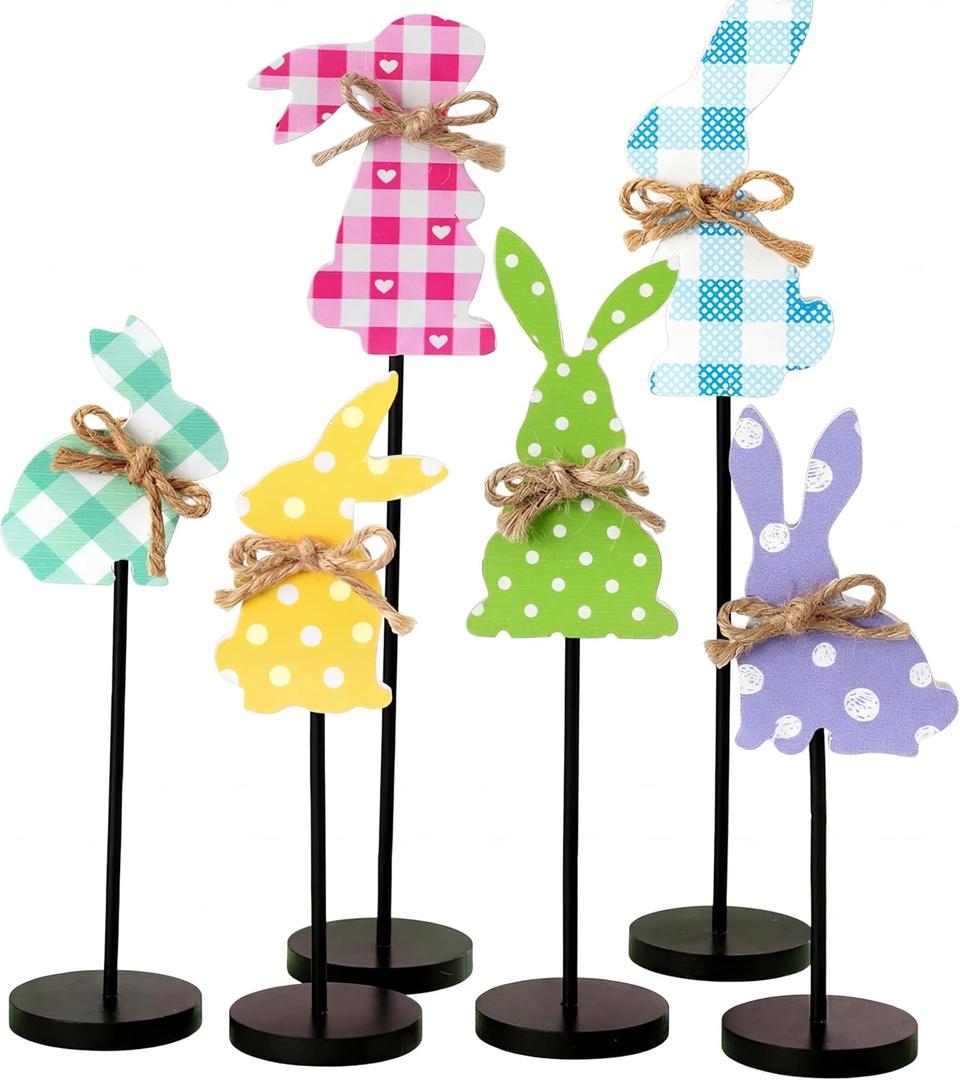 6 Pcs Easter Bunny Wooden Table Decor Farmhouse Rabbit Tabletop Centerpiece Sign Spring Farmhouse Standing Wood Block for Home Table Mantel Office Desk Easter Spring Party Decorations Supplies