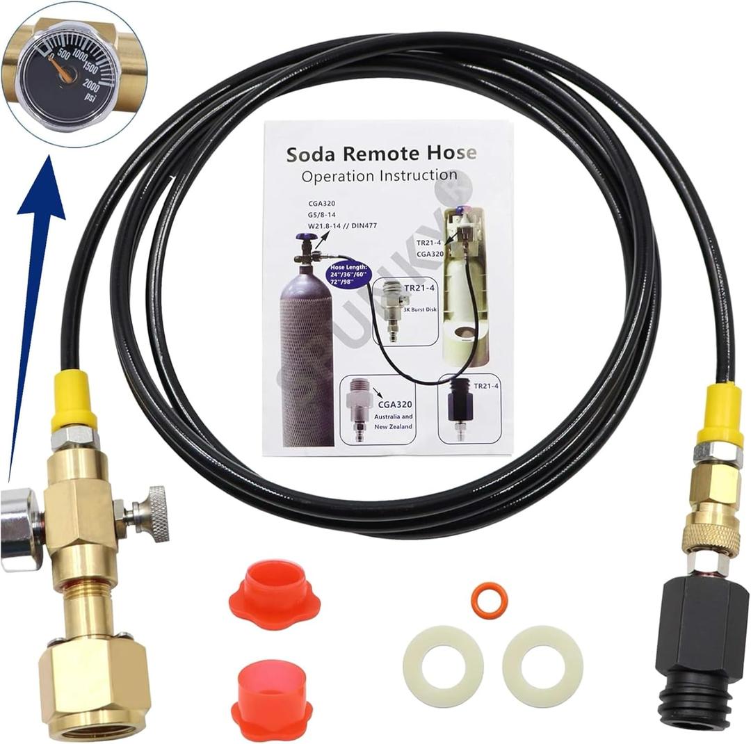 Co2 Tank Cylinder Direct Adapter (Gauge and Bleed Valve), CGA320 to TR21-4 Soda Machine Adapter with 60in High-Pressure Hose, Compatible for Soda Maker, Adapte to fizze/one touch/jet