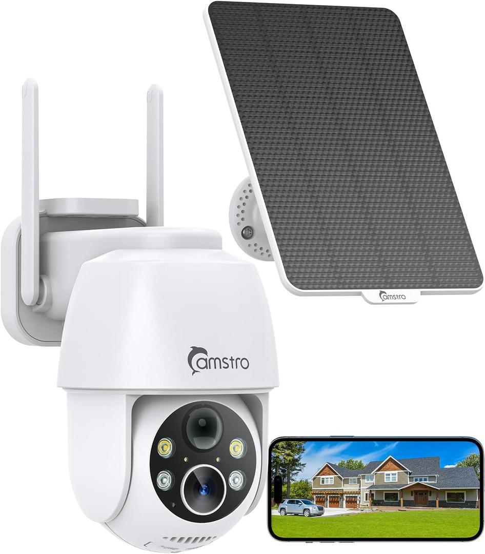 2K Solar Security Cameras Wireless Outdoor, WiFi Cameras for Home Security Battery-Powered, 360 PTZ, 3MP Color Night Vision, Two-Way Audio, Alexa/Google Assistant, 2.4Ghz Only (White)