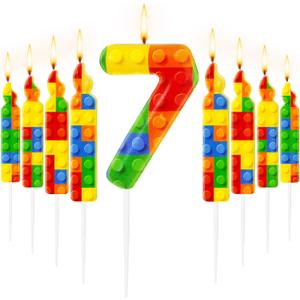 MTLEE 9 Pcs Building Block Candles Number 1-9 Building Block Candle Numeral Birthday Cake Topper Cupcake for Birthday Decoration Party Supplies (Number 7)