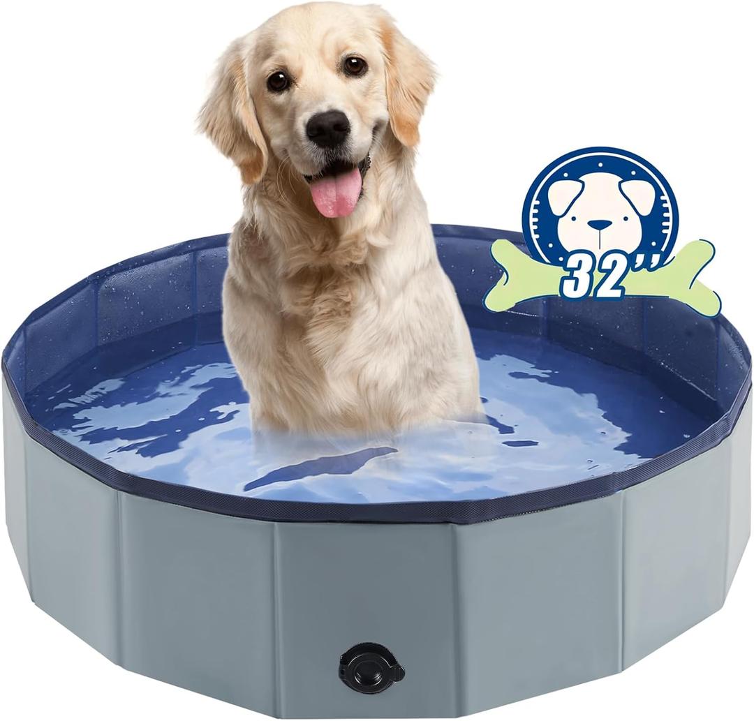 Foldable Dog Pool, Portable Pet Bath Tub and Kiddie Swimming Pool, Collapsible Bathtub for Puppies, Small, Medium and Large Dogs, Cats and Kids, 32 x 8 in, Gray