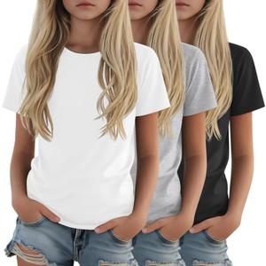 3 Pack Girls Shirts Plain Short Sleeve Tops Teens Youth Summer Tshirts Crewneck Loose Fit Casual Basic Tees, Size: 13-14 Years