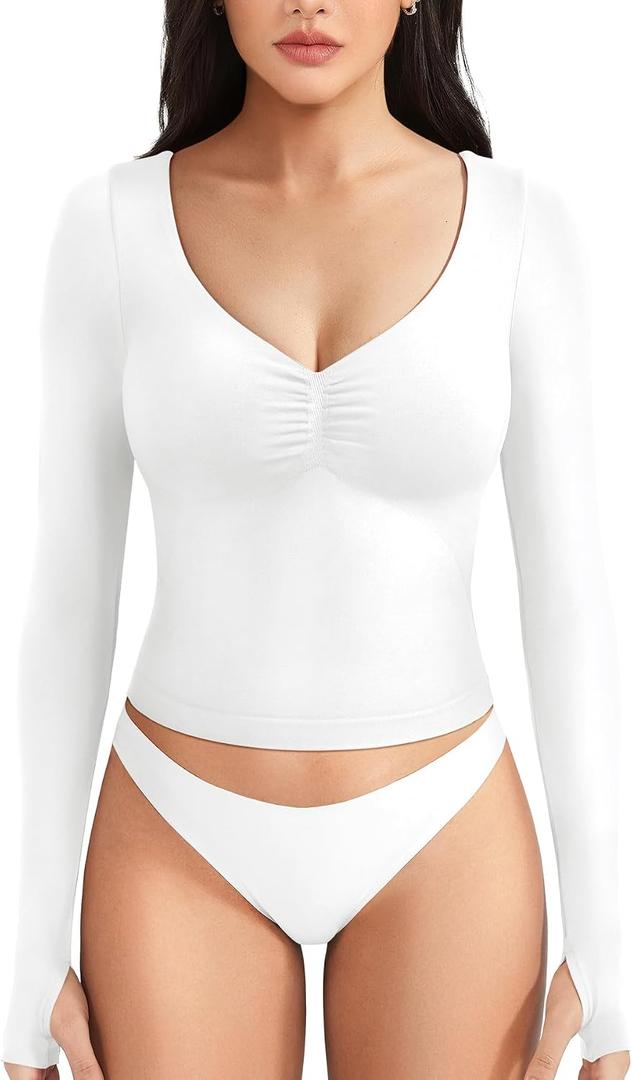 YEOREO CoreFlex Long Sleeve Workout Tops for Women Padded Deep V Neck Double Lined Impact Tops Slim Fit Gym Athletic Shirts (White, XS)