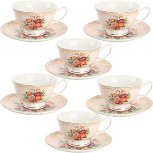 BTaT- Tea Cups and Saucers, Floral Design, Porcelain Tea Cup Sets, Dishwasher Safe, Set of 4, 8 oz (6 Pack, Flower Shrubs)