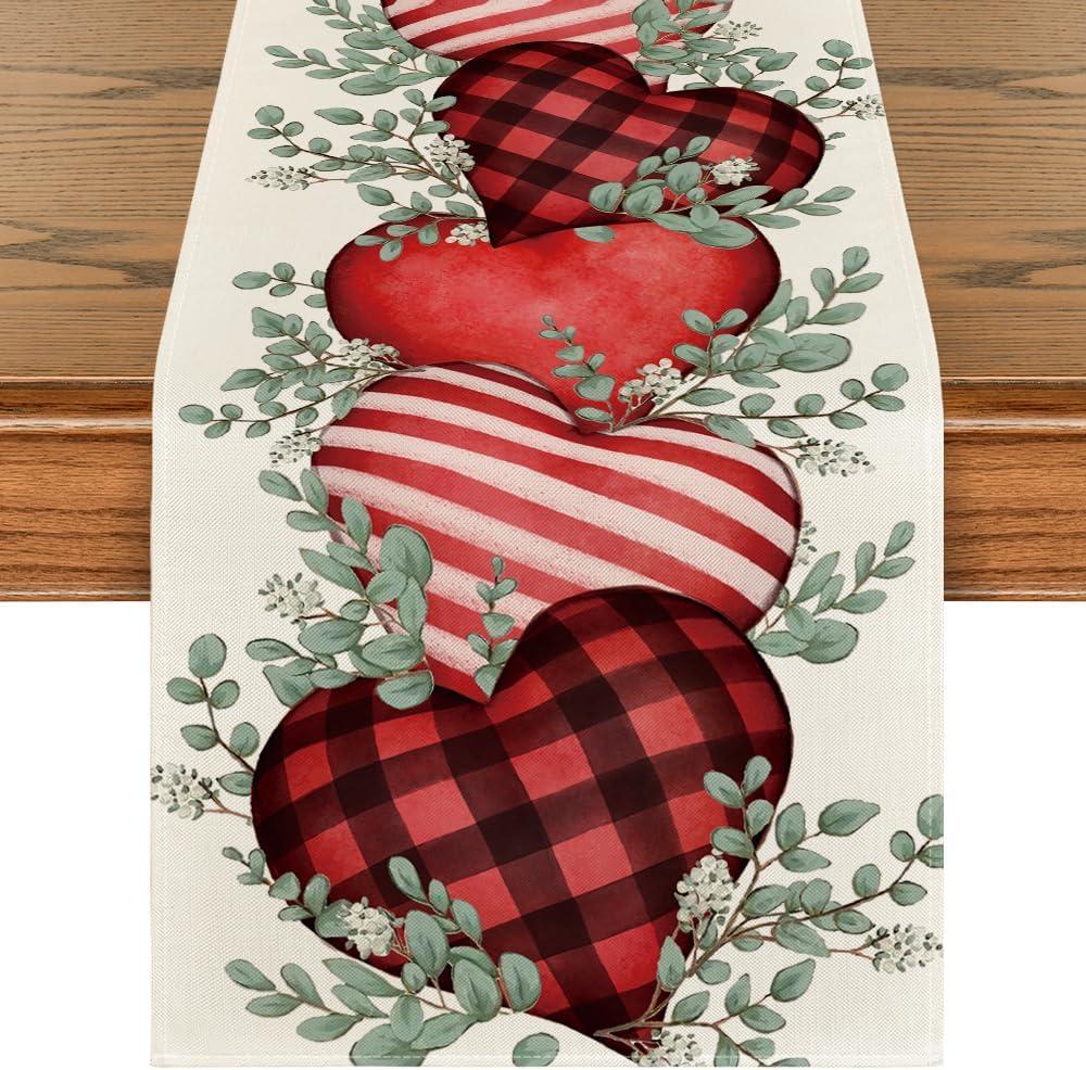 Artoid Mode Eucalyptus Hearts Valentine's Day Table Runner, Anniversary Holiday Kitchen Dining Table Decoration for Home Party Decor 13x60 Inch (Red)