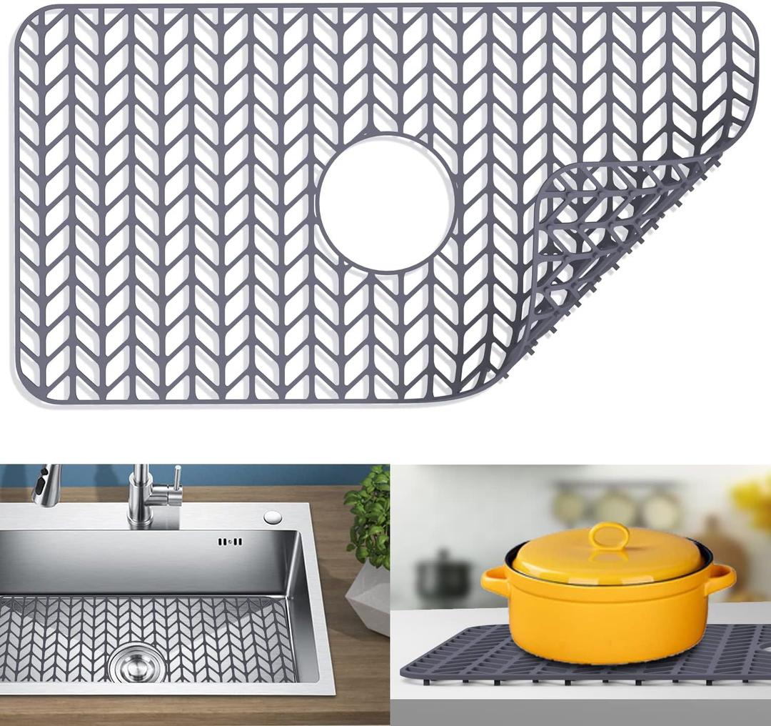 SINK PROTECTORS FOR KITCHEN SINK | 12", 13", 16", 18", 19", 24", 26", 28", 29", 30" SILICONE SINK MAT | SILICONE KITCHEN SINK MAT GRID FOR BOTTOM OF FARMHOUSE STAINLESS STEEL PORCELAIN SINK (26" X 14" CENTER GRAY)