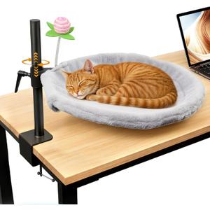 16-Inch Cat Desk Bed - 360 Rotating & Adjustable, Soft Faux Fur, Supports Up to 44lbs, Removable & Washable, Modern Indoor Cat Furniture for Office Desks, Gaming Tables & Island Tables (Round)