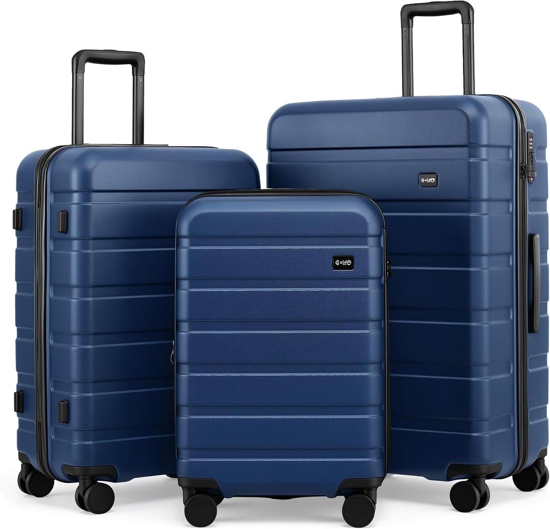 Coolife Luggage Set, 3 Piece Lightweight Durable Hardshell, Navy Blue | Upgraded Polycarbonate Shell Suitcase,360° Double Spinner Wheels,Expandable (20"Only),TSA Lock,Aluminum Handle,Nested Design