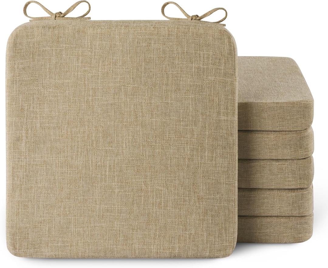 AddGrace Square Chair Cushions for Dining Chairs 6 Pack Non Slip Seat Cushions for Kitchen Chairs Indoor Thick Dining Room Chair Pads with Ties and Removable Cover 16'' x 16'' x 2'' (6, Beige)