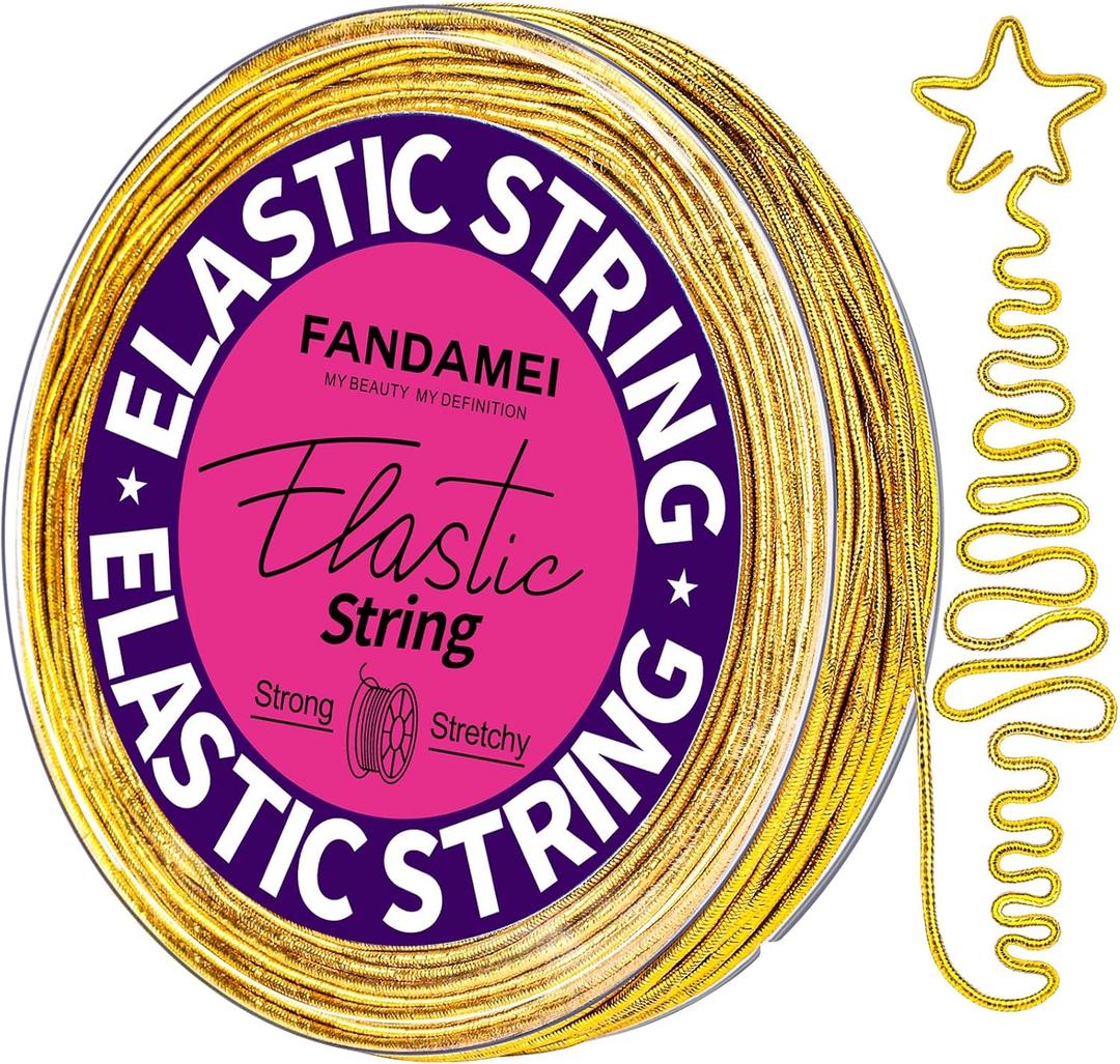 FANDAMEI 1.2mm Metallic Elastic String, Gold Stretch Cord for Craft Gift Jewelry Making, Elastic Cords Ribbon for Hair Braids, Elastic String for Bracelets, Beading Cord Stretchy Christmas Crafts DIY