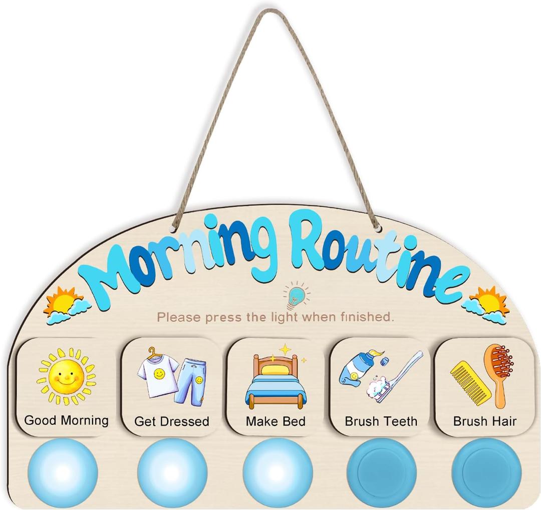 Morning Routine Chart for Toddlers, Visual Schedule Chore Chart Night to Do List with 5 Tap Lights & 9 Activity Cards Planning, Wooden Schedule Board for Kids, Preschoolers, Autism, ADHD Tools (Blue)