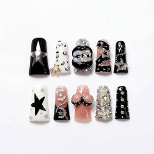 10 Pieces Luxury Acrylic Press On Nails Long Handmade Duck Nails, White And Black Thickened False Nails, Exaggerated Lips And 3D Dollar Sign, Reusable Fake Nails, Acrylic Nails (L) (Sexy big lips)