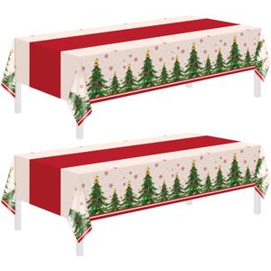 Childom 2 Pack Christmas Tablecloths,Christmas Party Decoration,54 x 108 Inch,Disposable Plastic Table Cloths Rectangular for Party Supplies,Xmas Tree Table Cover for Home,Dinner,Indoor,Outdoor,Picnic
