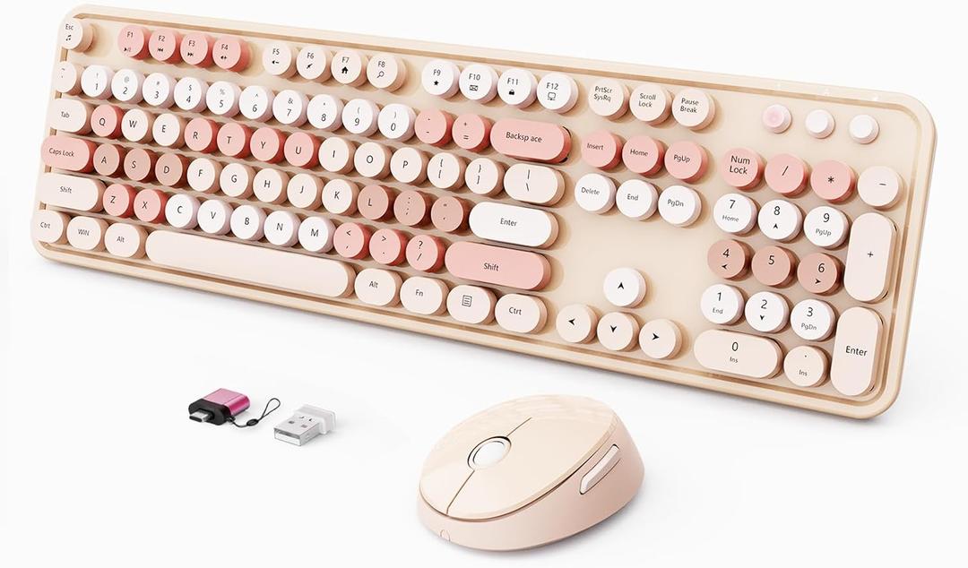 Wireless Keyboard and Mouse Combo, Ergonomic Full Size Typewriter Retro Round Keycaps Keyboard, Compatible with Windows, PC, Perfer for Home and Office Keyboards (Lovely Brown)