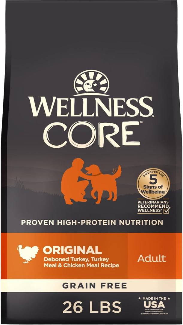 Wellness CORE Dry Dog Food, Grain-Free, High Protein, Natural, Original Turkey & Chicken Recipe, (26-Pound Bag), BBD 18 Mar 2027